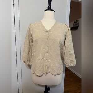 Cato Cream Floral Embroidered Button-Up Blouse